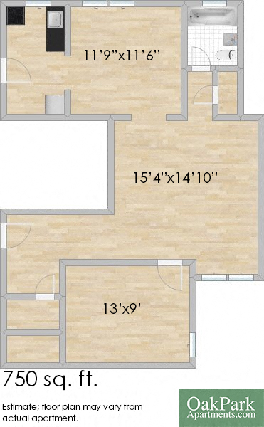 Floor plan for 1 bed, 1 bath, 750 sqft